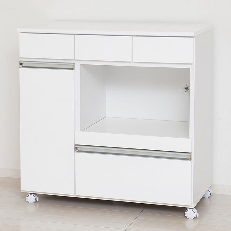 キッチンカウンター 完成品 幅82 レンジワゴン 間仕切り 背面化粧仕上げ 鏡面 白 ホワイト 食器棚 キッチンワゴン スライド棚 コンセント シンプル おしゃれ(代引不可)