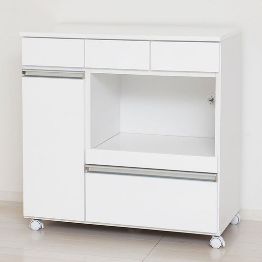 キッチンカウンター 完成品 幅82 レンジワゴン 間仕切り 背面化粧仕上げ 鏡面 白 ホワイト 食器棚 キッチンワゴン スライド棚 コンセント シンプル おしゃれ(代引不可)