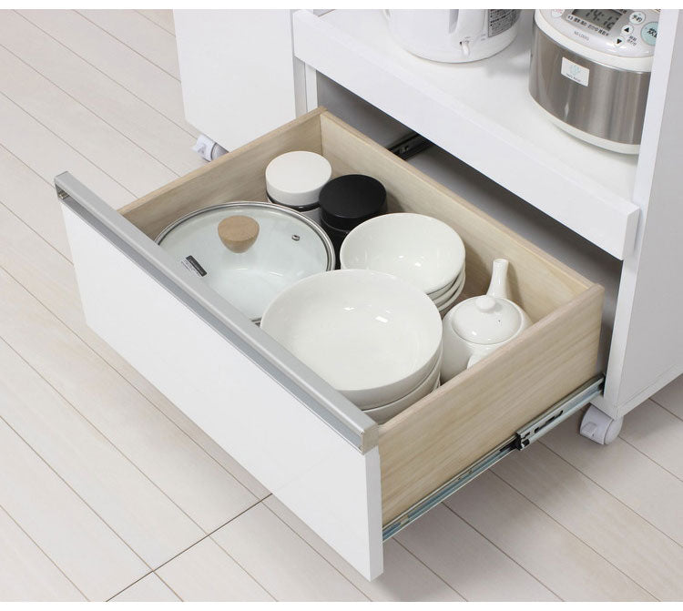 キッチンカウンター 完成品 幅82 レンジワゴン 間仕切り 背面化粧仕上げ 鏡面 白 ホワイト 食器棚 キッチンワゴン スライド棚 コンセント シンプル おしゃれ(代引不可)