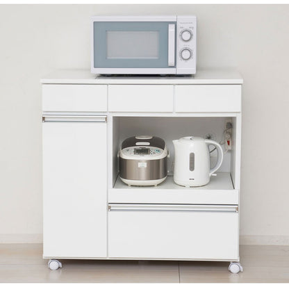 キッチンカウンター 完成品 幅82 レンジワゴン 間仕切り 背面化粧仕上げ 鏡面 白 ホワイト 食器棚 キッチンワゴン スライド棚 コンセント シンプル おしゃれ(代引不可)