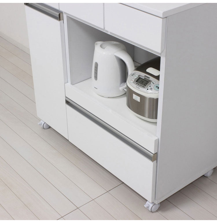 キッチンカウンター 完成品 幅82 レンジワゴン 間仕切り 背面化粧仕上げ 鏡面 白 ホワイト 食器棚 キッチンワゴン スライド棚 コンセント シンプル おしゃれ(代引不可)