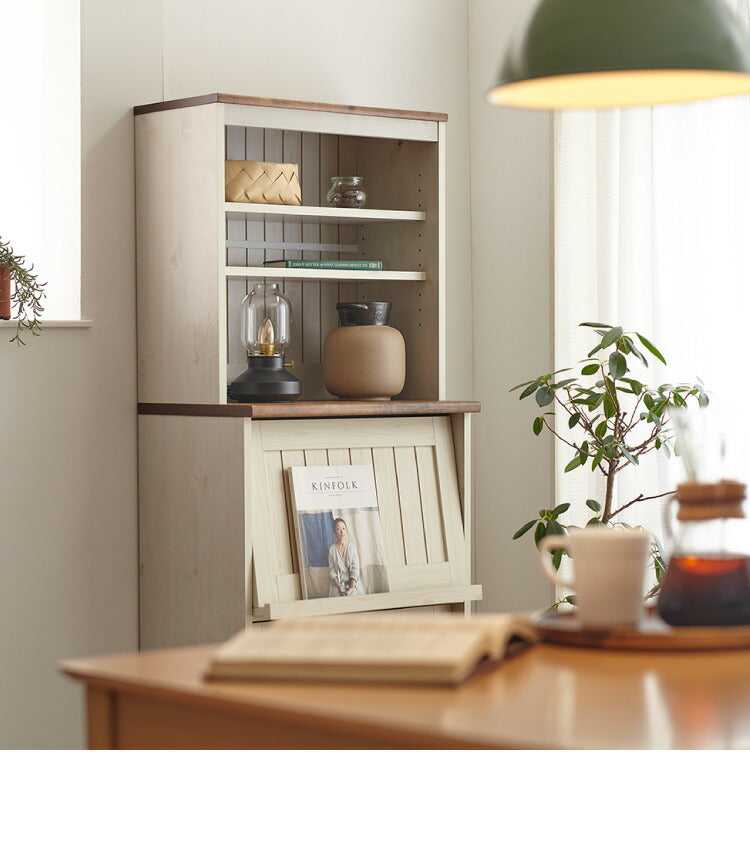 フラップ キャビネット カントリー かわいい アンティーク レトロ風 おしゃれ マガジンラック 幅60cm 高さ151cm 書棚 フラップ扉(代引不可)