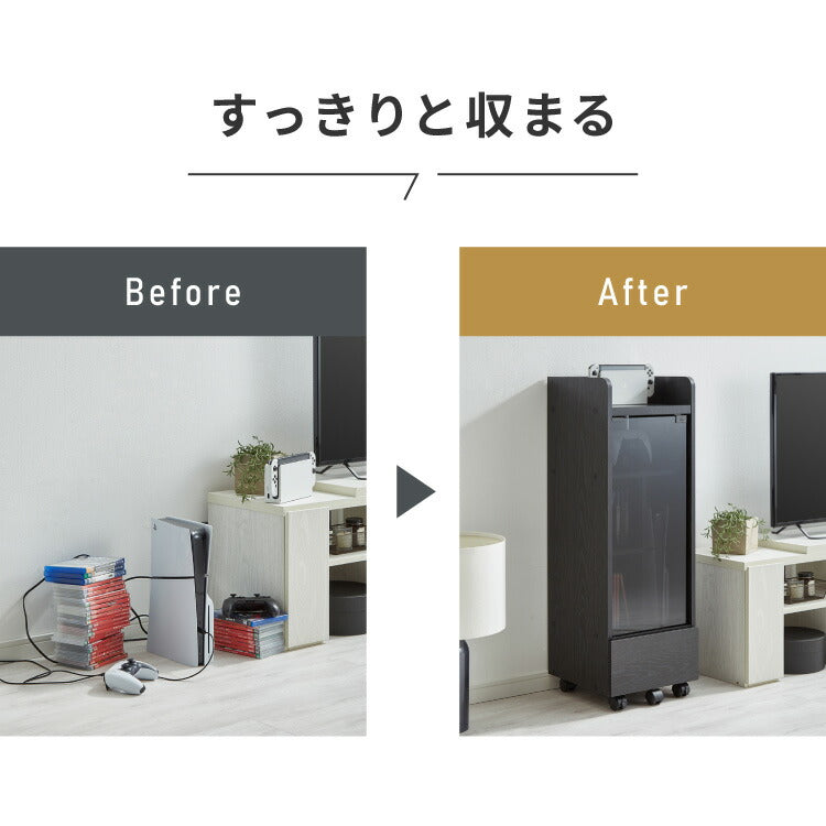 隠せる ゲーム機収納ラック Switch/PS5対応 幅32 高さ96.5 ゲーム機 本体 コントローラー ソフト 収納 ラック 収納棚 強化ガラス扉 キャスター 引き出し 引出し おしゃれ(代引不可)