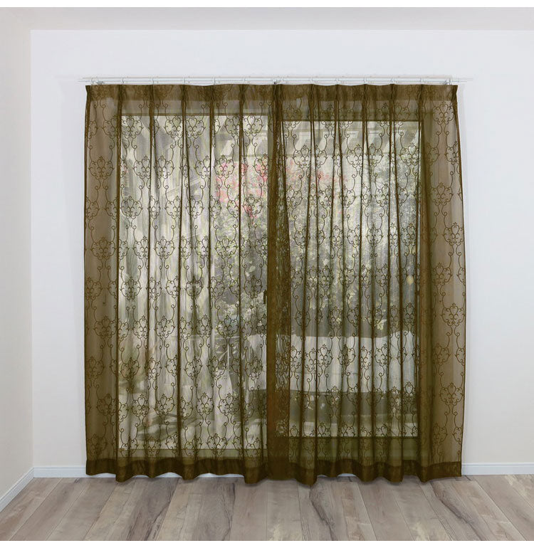 ミラーレースカーテン UVカット 日本製 40サイズ 幅100 幅150 幅200 レースカーテン ダマスク柄 ブラウン おしゃれ 洗濯OK 昼間見えにくい 賃貸 採光 国産 洗える カーテン(代引不可)