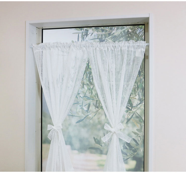 日本製 小窓レースカーテン 約巾70cm×丈90cm カフェカーテン 目隠し 人気 リゾート シンプル 小窓用 縦長 幅のせまい 共生地リボン付き キッチン トイレ 出窓 程よい透け感(代引不可)