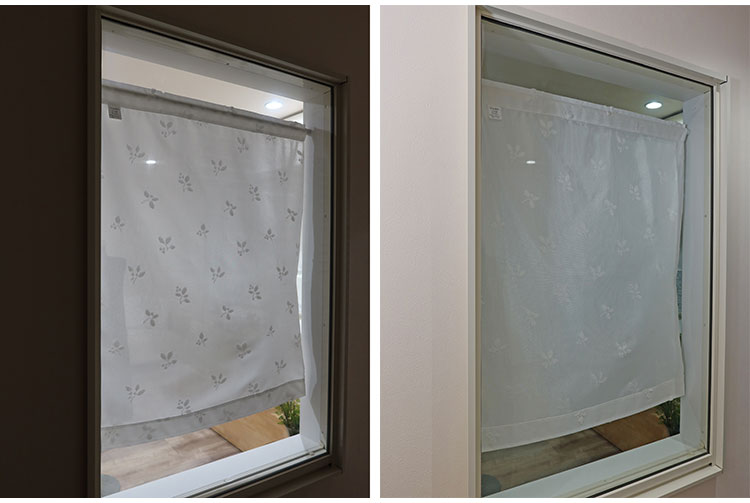 日本製 小窓レースカーテン 約巾70cm×丈120cm 小窓 出窓 カフェカーテン 遮熱 断熱 UVカット 目隠し 北欧調 リーフ柄 人気 エコリエ(R) 小窓用ミラーレースカーテン 共生地リボン付き キッチン(代引不可)