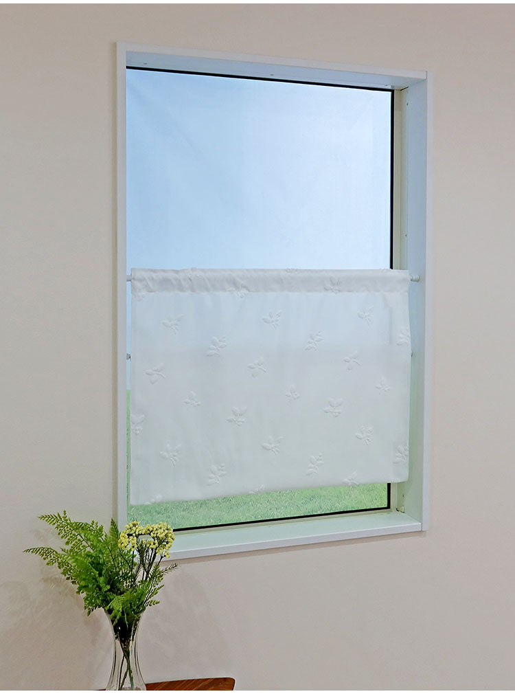 日本製 小窓レースカーテン 約巾70cm×丈120cm 小窓 出窓 カフェカーテン 遮熱 断熱 UVカット 目隠し 北欧調 リーフ柄 人気 エコリエ(R) 小窓用ミラーレースカーテン 共生地リボン付き キッチン(代引不可)