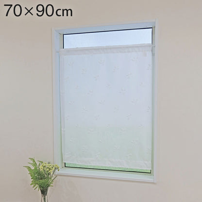 日本製 小窓レースカーテン 約巾70cm×丈90cm 小窓 出窓 カフェカーテン 遮熱 断熱 UVカット 目隠し 北欧調 リーフ柄 人気 エコリエ(R) 小窓用ミラーレースカーテン 共生地リボン付き キッチン トイレ(代引不可)