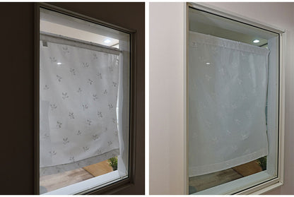 日本製 小窓レースカーテン 約巾70cm×丈90cm 小窓 出窓 カフェカーテン 遮熱 断熱 UVカット 目隠し 北欧調 リーフ柄 人気 エコリエ(R) 小窓用ミラーレースカーテン 共生地リボン付き キッチン トイレ(代引不可)