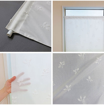 日本製 小窓レースカーテン 約巾70cm×丈90cm 小窓 出窓 カフェカーテン 遮熱 断熱 UVカット 目隠し 北欧調 リーフ柄 人気 エコリエ(R) 小窓用ミラーレースカーテン 共生地リボン付き キッチン トイレ(代引不可)