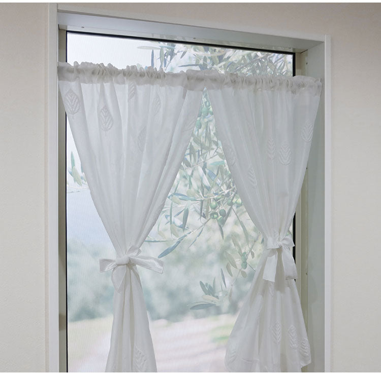 日本製 小窓レースカーテン 約巾70cm×丈120cm 小窓 出窓 カフェカーテン 遮熱 断熱 UVカット 目隠し 北欧調 葉っぱ柄 人気 エコリエ(R) 小窓用ミラーレースカーテン 共生地リボン付き キッチン(代引不可)