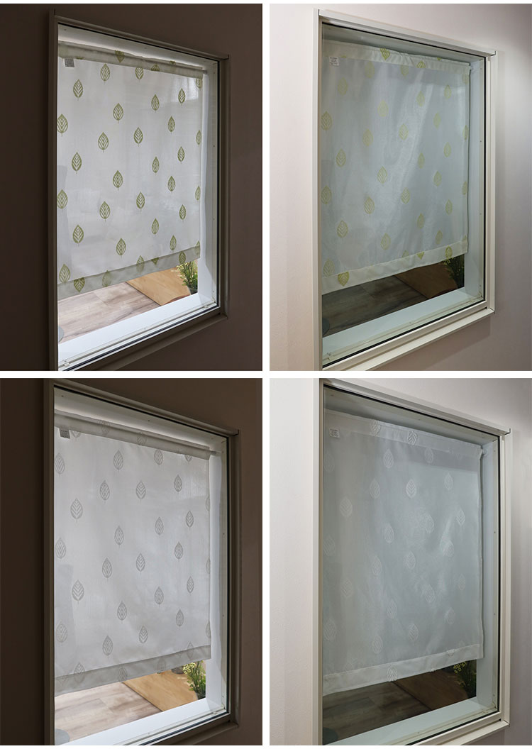 日本製 小窓レースカーテン 約巾70cm×丈90cm 小窓 出窓 カフェカーテン 遮熱 断熱 UVカット 目隠し 北欧調 葉っぱ柄 人気 エコリエ(R) 小窓用ミラーレースカーテン 共生地リボン付き キッチン トイレ(代引不可)