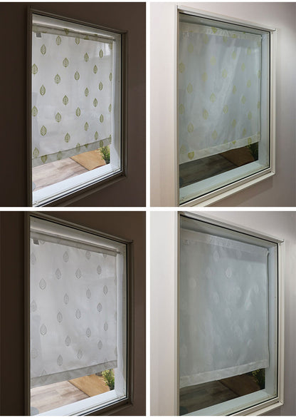 日本製 小窓レースカーテン 約巾70cm×丈90cm 小窓 出窓 カフェカーテン 遮熱 断熱 UVカット 目隠し 北欧調 葉っぱ柄 人気 エコリエ(R) 小窓用ミラーレースカーテン 共生地リボン付き キッチン トイレ(代引不可)