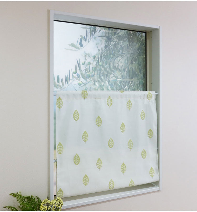 日本製 小窓レースカーテン 約巾70cm×丈90cm 小窓 出窓 カフェカーテン 遮熱 断熱 UVカット 目隠し 北欧調 葉っぱ柄 人気 エコリエ(R) 小窓用ミラーレースカーテン 共生地リボン付き キッチン トイレ(代引不可)