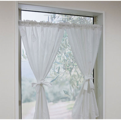 日本製 小窓レースカーテン 約巾70cm×丈90cm 小窓 出窓 カフェカーテン 遮熱 断熱 UVカット 目隠し 北欧調 葉っぱ柄 人気 エコリエ(R) 小窓用ミラーレースカーテン 共生地リボン付き キッチン トイレ(代引不可)