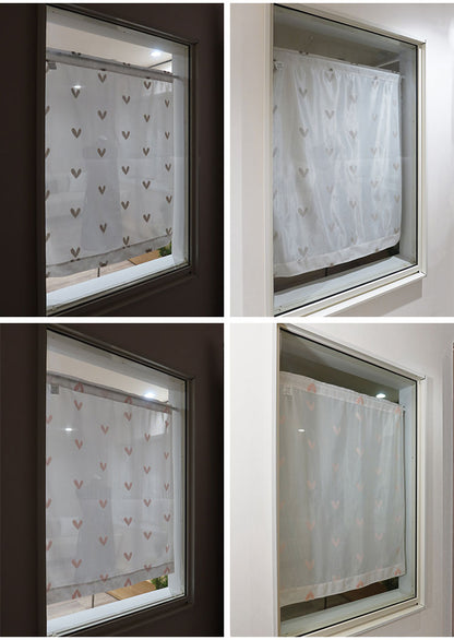 日本製 小窓レースカーテン 約巾70cm×丈120cm 小窓 出窓 カフェカーテン 遮熱 断熱 UVカット 目隠し 北欧調 ハート柄 人気 エコリエ(R) 小窓用ミラーレースカーテン 共生地リボン付き キッチン(代引不可)