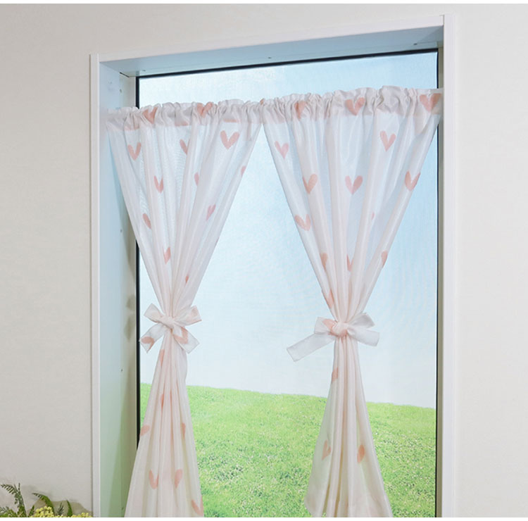 日本製 小窓レースカーテン 約巾70cm×丈120cm 小窓 出窓 カフェカーテン 遮熱 断熱 UVカット 目隠し 北欧調 ハート柄 人気 エコリエ(R) 小窓用ミラーレースカーテン 共生地リボン付き キッチン(代引不可)