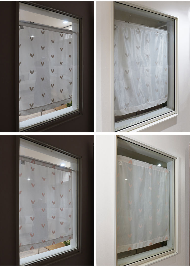 日本製 小窓レースカーテン 約巾70cm×丈90cm 小窓 出窓 カフェカーテン 遮熱 断熱 UVカット 目隠し 北欧調 ハート柄 人気 エコリエ(R) 小窓用ミラーレースカーテン 共生地リボン付き キッチン トイレ(代引不可)