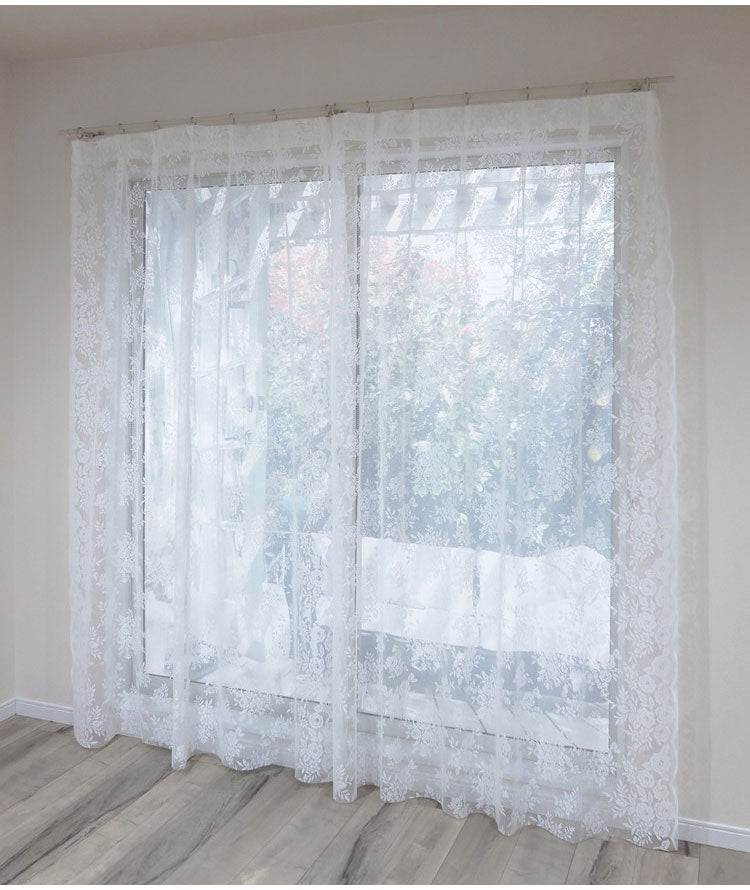 日本製 フリーカットレースカーテン 巾100cm×丈250cm バラ柄 花柄 2枚組 自由に長さ変更 ハサミでカット 丈調整可能 調整可能なフック付き 取り付け簡単 程よい透け感 光を採り入れる(代引不可)