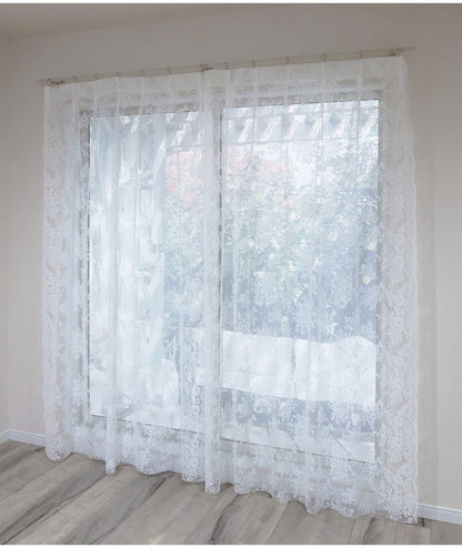 日本製 フリーカットレースカーテン 巾100cm×丈250cm バラ柄 花柄 2枚組 自由に長さ変更 ハサミでカット 丈調整可能 調整可能なフック付き 取り付け簡単 程よい透け感 光を採り入れる(代引不可)