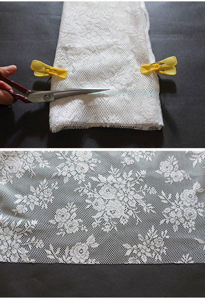 日本製 フリーカットレースカーテン 巾100cm×丈250cm バラ柄 花柄 2枚組 自由に長さ変更 ハサミでカット 丈調整可能 調整可能なフック付き 取り付け簡単 程よい透け感 光を採り入れる(代引不可)