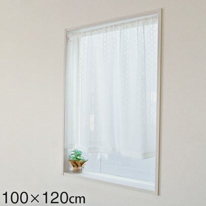 日本製 防炎 ボーダー柄 小窓カーテン 北欧風 程よい透け感 巾100cm×丈120cm ホワイト 突っ張り棒 キッチン トイレ 出窓 お洒落 防炎加工 簡単取り付け(代引不可)
