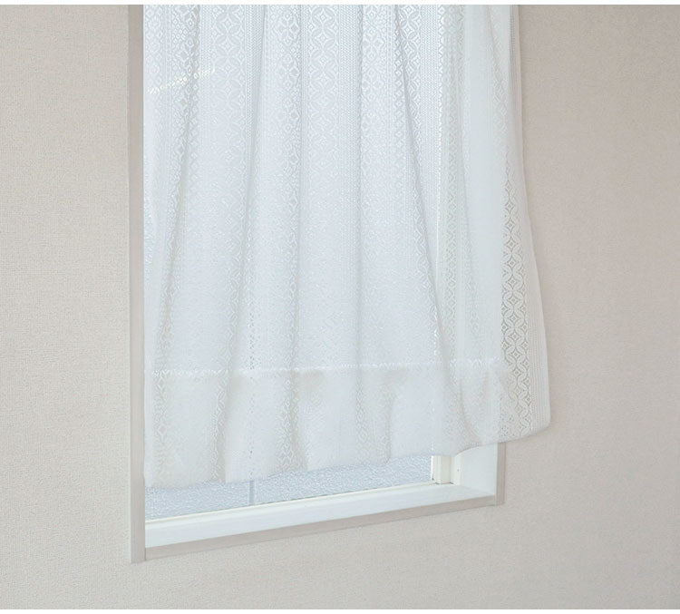 日本製 防炎 ボーダー柄 小窓カーテン 北欧風 程よい透け感 巾100cm×丈120cm ホワイト 突っ張り棒 キッチン トイレ 出窓 お洒落 防炎加工 簡単取り付け(代引不可)