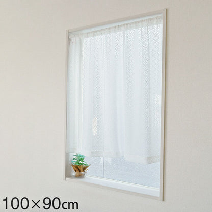 日本製 防炎 ボーダー柄 小窓カーテン 北欧風 程よい透け感 巾100cm×丈90cm ホワイト 突っ張り棒 キッチン トイレ 出窓 お洒落 防炎加工 簡単取り付け(代引不可)