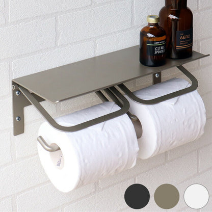 トイレットペーパーホルダー ダブル スチール 二連 アイアン マット シンプル おしゃれ 男前 かっこいい スタイリッシュ シック スマホ置き 収納 棚 ディスプレイ ブラック ホワイト シャンパン(代引不可)