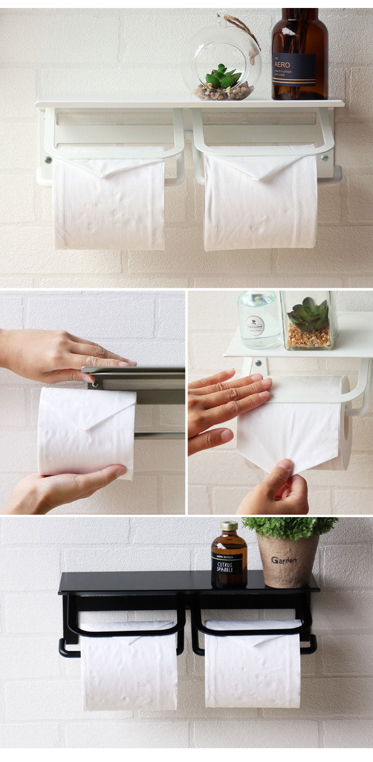 トイレットペーパーホルダー ダブル スチール 二連 アイアン マット シンプル おしゃれ 男前 かっこいい スタイリッシュ シック スマホ置き 収納 棚 ディスプレイ ブラック ホワイト シャンパン(代引不可)