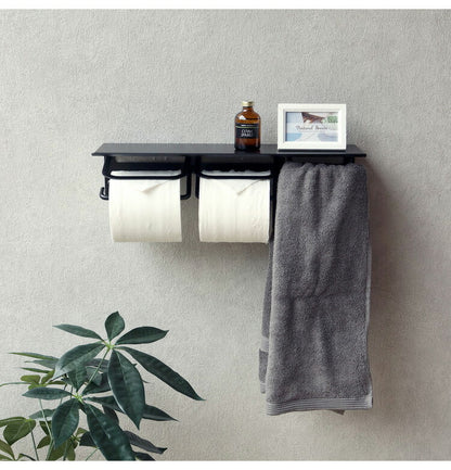 トイレットペーパーホルダー ストックタイプ ダブル 2連 タオルハンガー付き ペーパーホルダー タオル掛け タオルバー タオルハンガー アイアン カバー 収納 おしゃれ 北欧 マット アンティーク(代引不可)