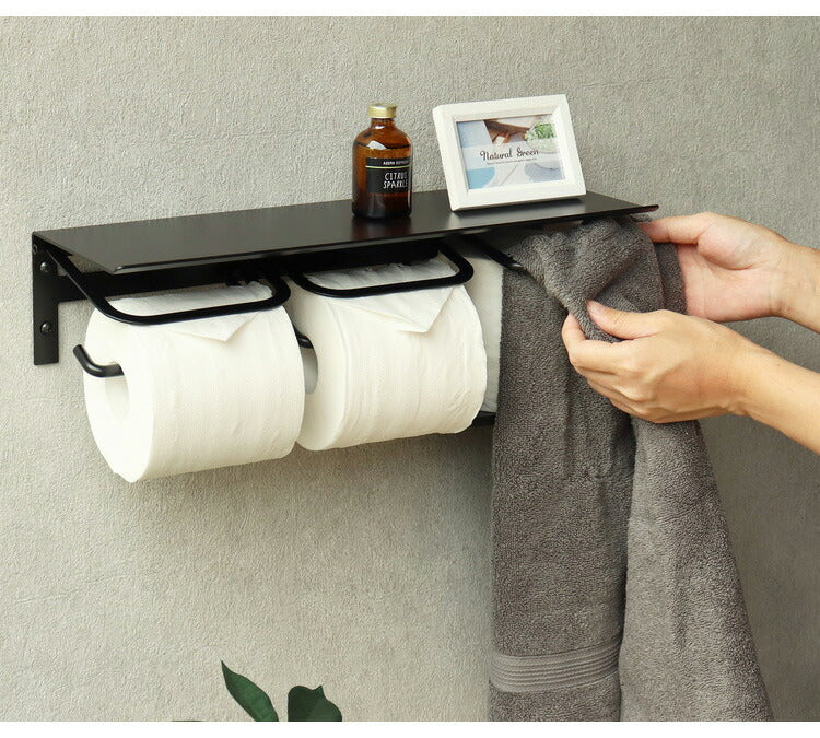 トイレットペーパーホルダー ストックタイプ ダブル 2連 タオルハンガー付き ペーパーホルダー タオル掛け タオルバー タオルハンガー アイアン カバー 収納 おしゃれ 北欧 マット アンティーク(代引不可)