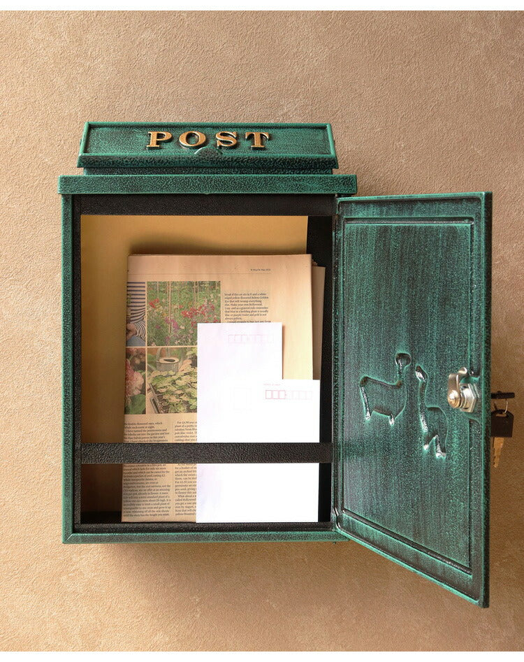 壁掛けポスト 鋳物製 鹿 郵便ポスト アンティーク風 鋳物 A4サイズ レターパック 大きめ 大容量 横開き扉 鋳造加工 ブロンズ グリーン ブラウン 郵便受け ヴィンテージ シンプル レトロ おしゃれ(代引不可)