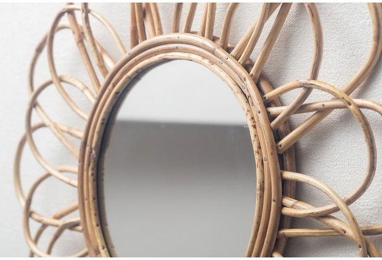 ウォールミラー ラタン 幅57cm 玄関 廊下 飾り おしゃれ 北欧 鏡 壁掛け 丸型 円形 洗面鏡 アンティーク調 モダン シンプル 新生活 一人暮らし(代引不可)