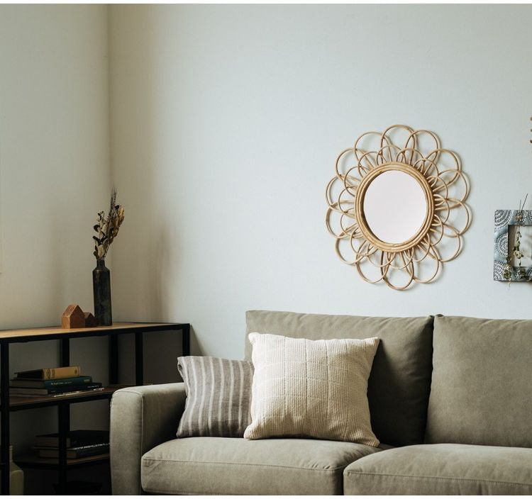 ウォールミラー ラタン 幅57cm 玄関 廊下 飾り おしゃれ 北欧 鏡 壁掛け 丸型 円形 洗面鏡 アンティーク調 モダン シンプル 新生活 一人暮らし(代引不可)