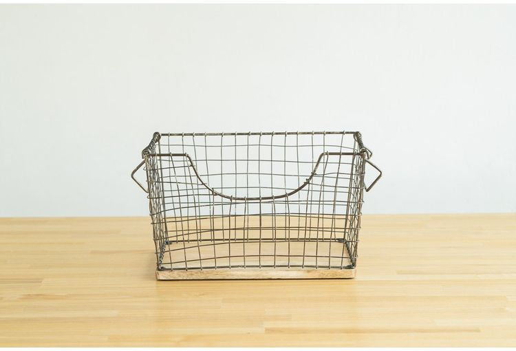 アンティーク調 ワイヤーバスケット Lサイズ シンプル スチール おしゃれ 北欧 かわいい 底板 天然木使用 一人暮らし 雑貨 雑貨入れ 収納(代引不可)