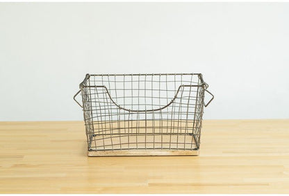 アンティーク調 ワイヤーバスケット Lサイズ シンプル スチール おしゃれ 北欧 かわいい 底板 天然木使用 一人暮らし 雑貨 雑貨入れ 収納(代引不可)