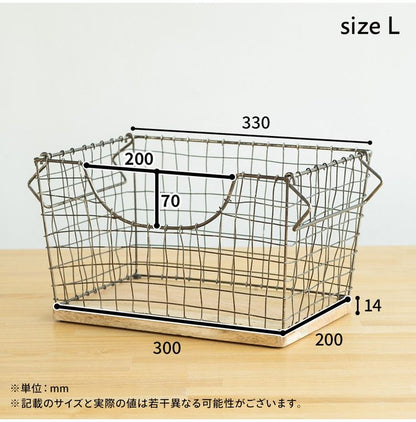 アンティーク調 ワイヤーバスケット Lサイズ シンプル スチール おしゃれ 北欧 かわいい 底板 天然木使用 一人暮らし 雑貨 雑貨入れ 収納(代引不可)