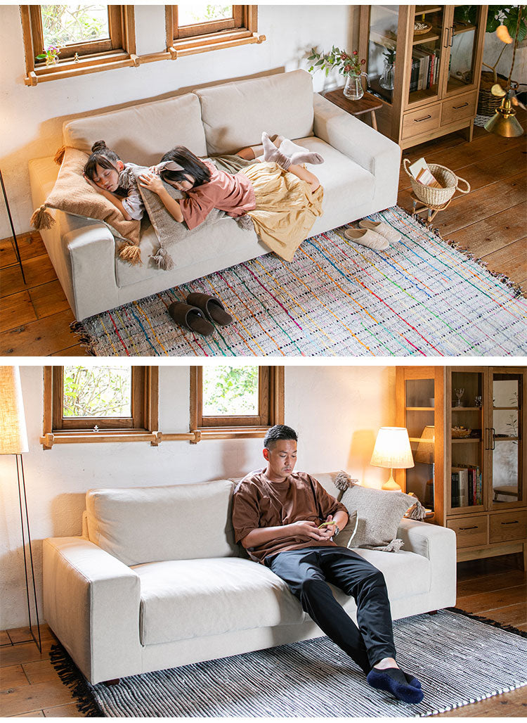 3人掛け ローソファ 幅195cm コットン100%帆布生地 羽毛 木脚 完成品 おしゃれ 北欧 シンプル 3人用 2人用 2人掛け 新生活 一人暮らし(代引不可)