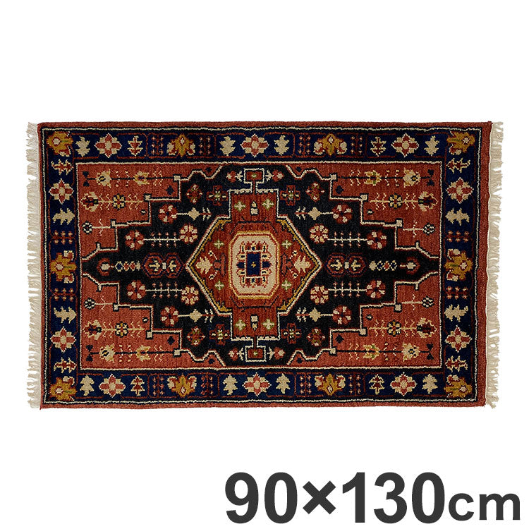 ラグ 90×130cm 柄 トライバル 部族絨毯風 ウール コットン 天然素材 オールシーズン シンプル おしゃれ 北欧 絨毯 カーペット マット リビングマット 新生活 一人暮らし(代引不可)