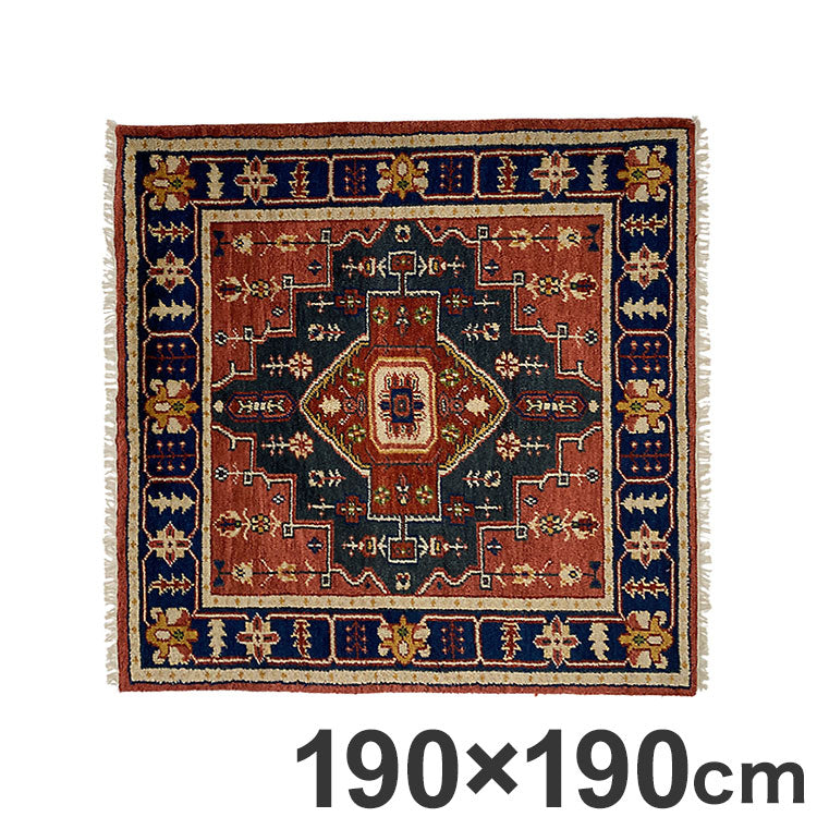 ラグ 190×190cm 柄 トライバル 部族絨毯風 ウール コットン 天然素材 オールシーズン シンプル おしゃれ 北欧 絨毯 カーペット マット リビングマット 新生活 一人暮らし(代引不可)