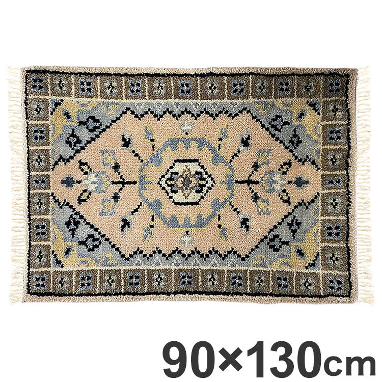 ラグ 90×130cm 花柄 トライバル 部族絨毯風 ウール コットン 天然素材 オールシーズン シンプル おしゃれ 北欧 絨毯 カーペット マット リビングマット 新生活 一人暮らし(代引不可)