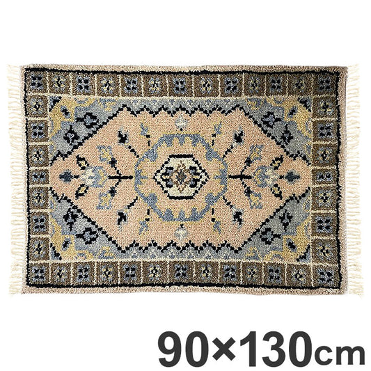 ラグ 90×130cm 花柄 トライバル 部族絨毯風 ウール コットン 天然素材 オールシーズン シンプル おしゃれ 北欧 絨毯 カーペット マット リビングマット 新生活 一人暮らし(代引不可)
