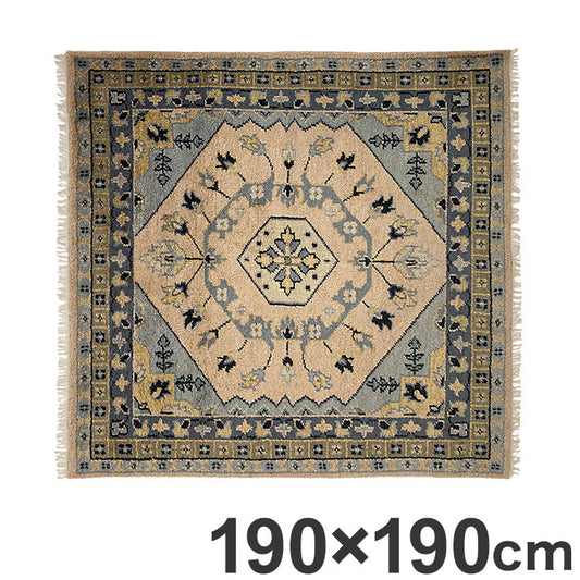 ラグ 190×190cm 花柄 トライバル 部族絨毯風 ウール コットン 天然素材 オールシーズン シンプル おしゃれ 北欧 絨毯 カーペット マット リビングマット 新生活 一人暮らし(代引不可)
