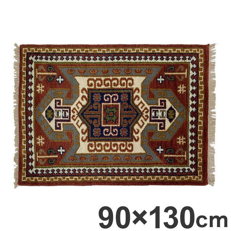 ラグ 90×130cm フラッグ トライバル 部族絨毯風 ウール コットン 天然素材 オールシーズン シンプル おしゃれ 北欧 絨毯 カーペット マット リビングマット 新生活 一人暮らし(代引不可)