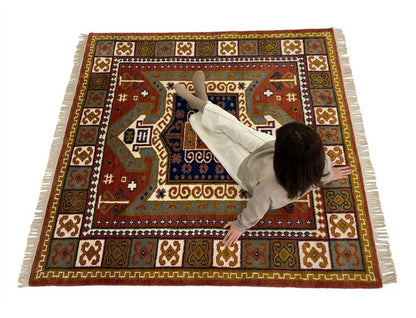 ラグ 190×190cm フラッグ トライバル 部族絨毯風 ウール コットン 天然素材 オールシーズン シンプル おしゃれ 北欧 絨毯 カーペット マット リビングマット 新生活 一人暮らし(代引不可)