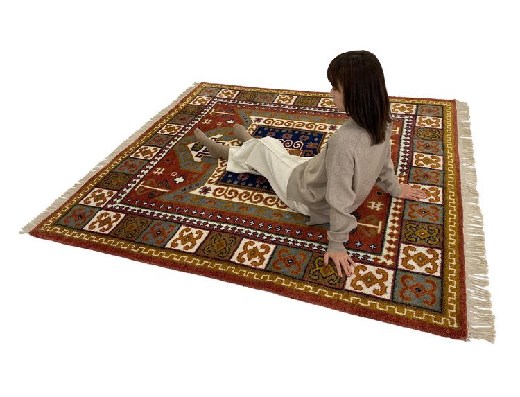 ラグ 190×190cm フラッグ トライバル 部族絨毯風 ウール コットン 天然素材 オールシーズン シンプル おしゃれ 北欧 絨毯 カーペット マット リビングマット 新生活 一人暮らし(代引不可)