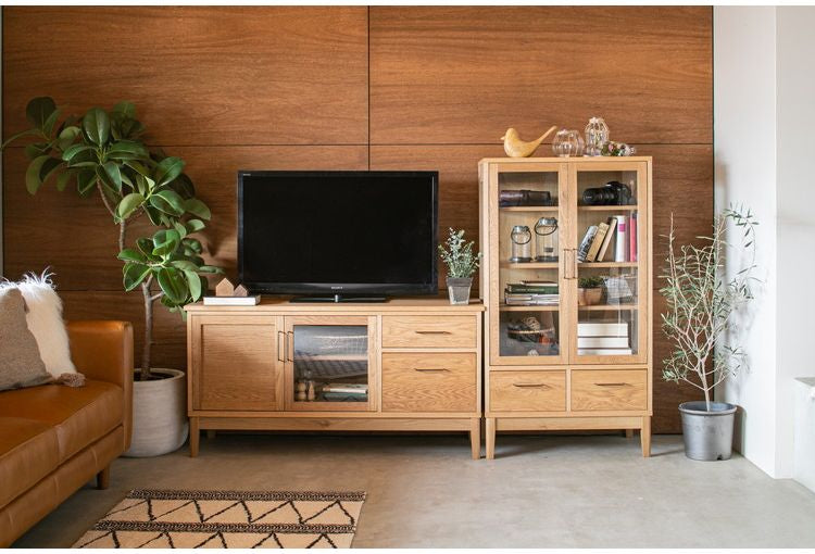 マルチリビングボード 幅135cm 天然木 日本製 テレビ台 ローボード 収納棚 オイル仕上げ ガラス扉 おしゃれ 北欧 シンプル 新生活 一人暮らし(代引不可)