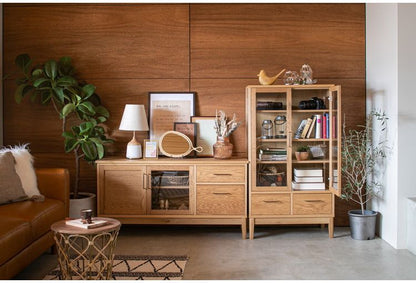 マルチリビングボード 幅135cm 天然木 日本製 テレビ台 ローボード 収納棚 オイル仕上げ ガラス扉 おしゃれ 北欧 シンプル 新生活 一人暮らし(代引不可)