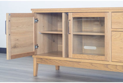 マルチリビングボード 幅135cm 天然木 日本製 テレビ台 ローボード 収納棚 オイル仕上げ ガラス扉 おしゃれ 北欧 シンプル 新生活 一人暮らし(代引不可)